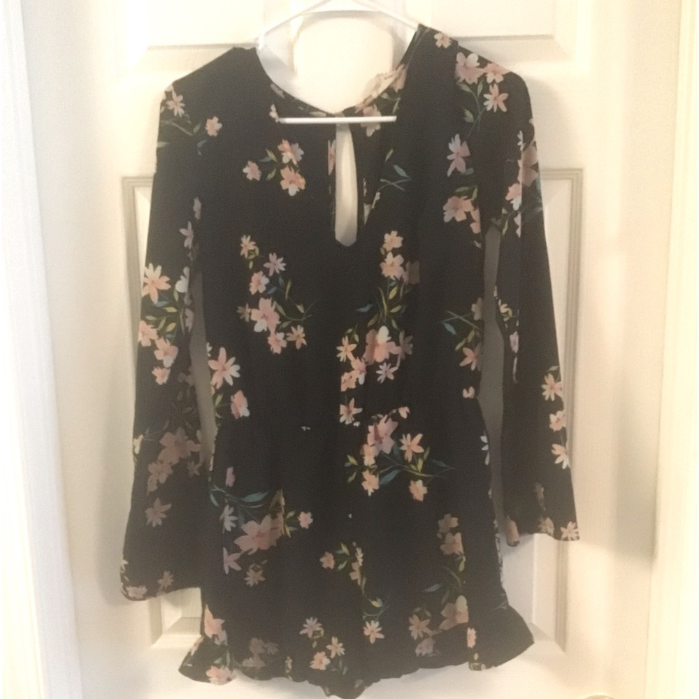Black Floral Romper Long Sleeve Short